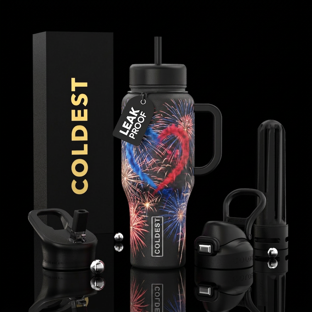 Firework American flag and a heart shape made by p... water bottle design