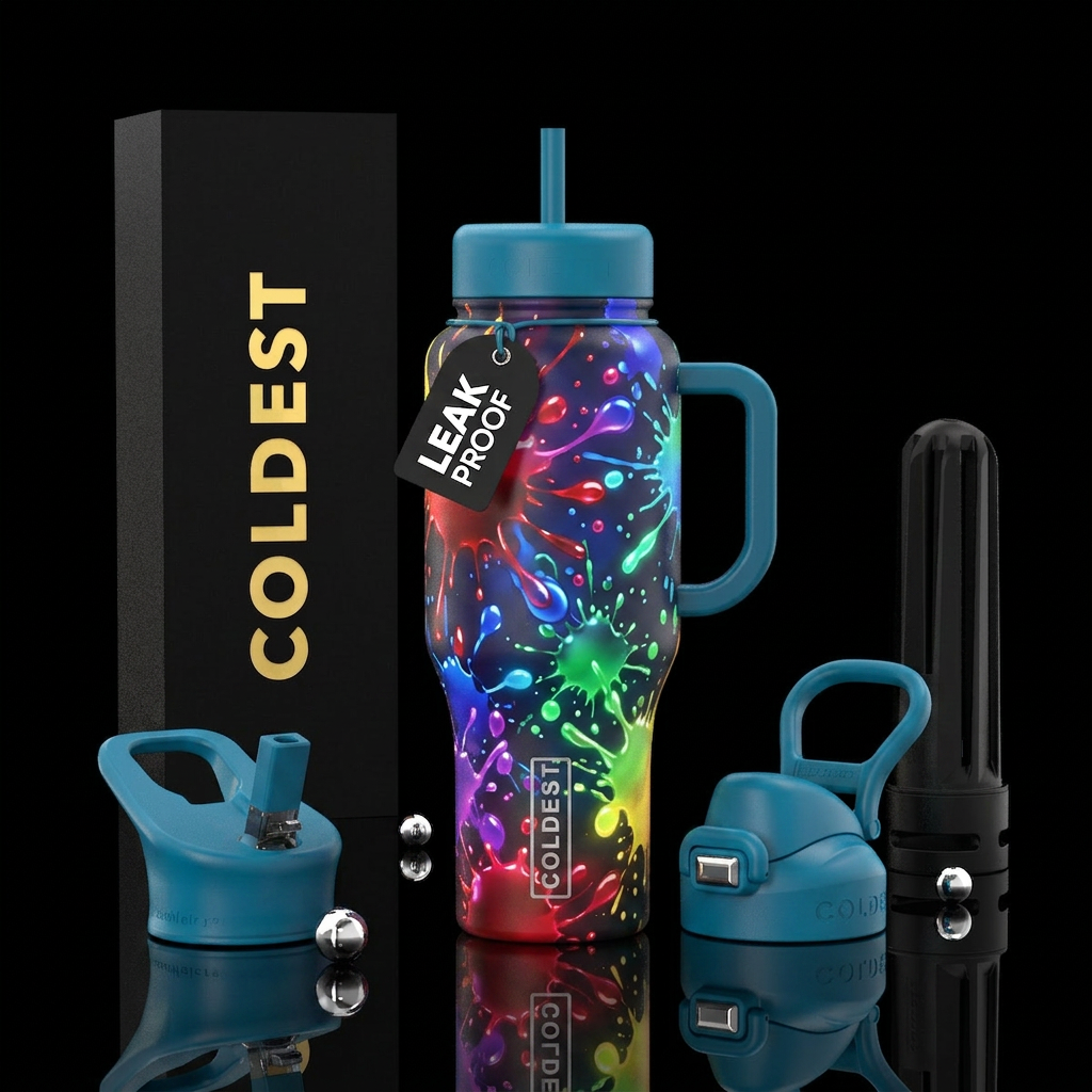 Glowy rainbow paint splatters water bottle design