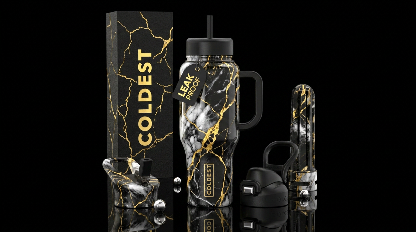 Gold, lightning, cracks, black and white, marble water bottle design