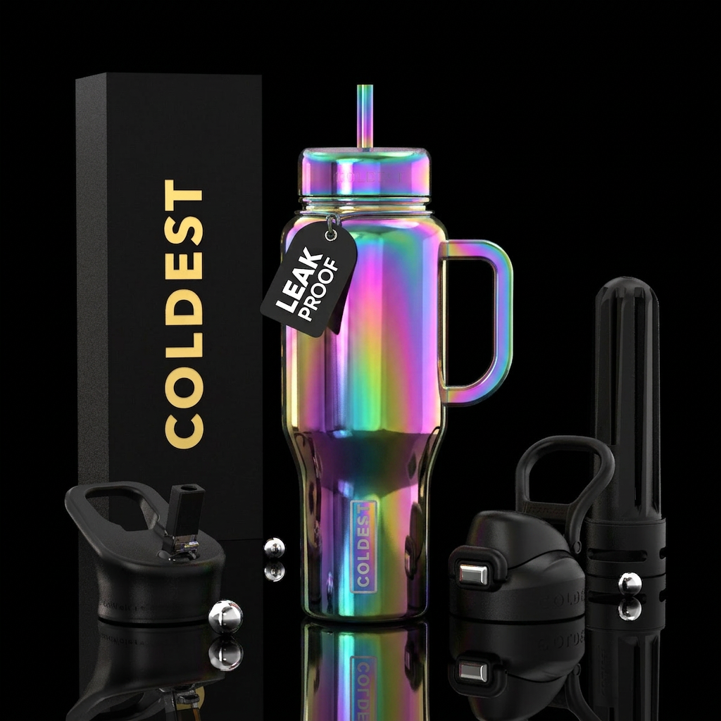 Holographic oil slick rainbow water bottle design