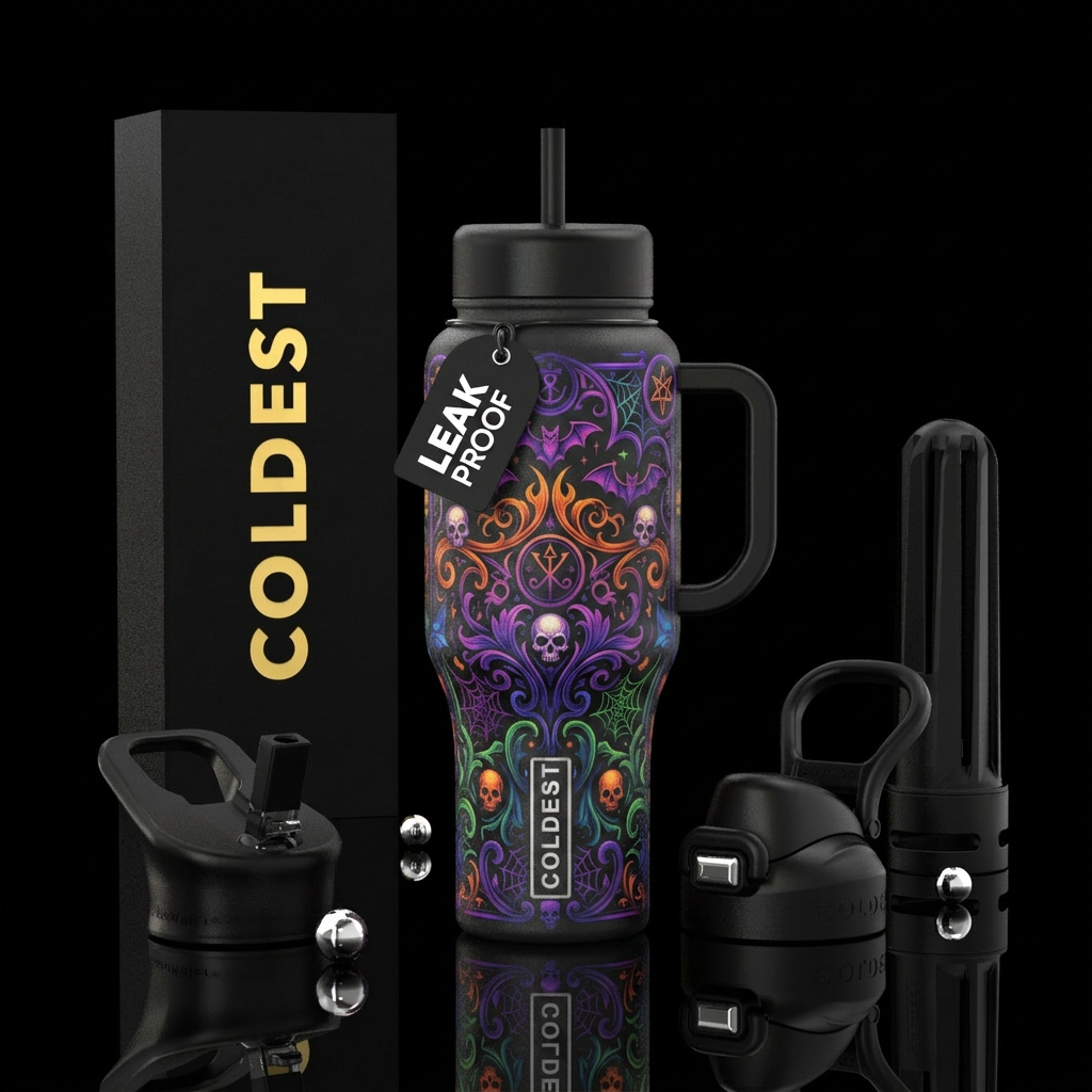 Graphic Gothic Halloween water bottle design
