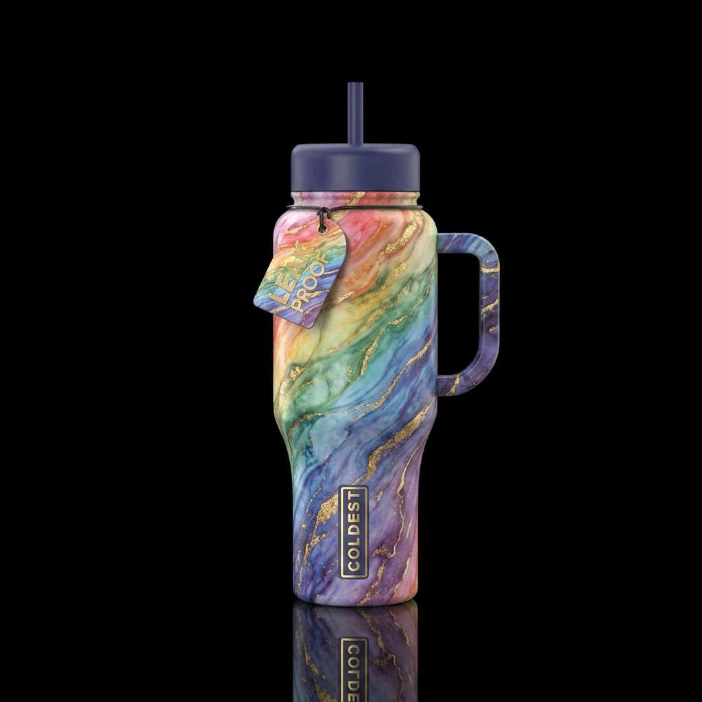 Rainbow marble gold accents water bottle design
