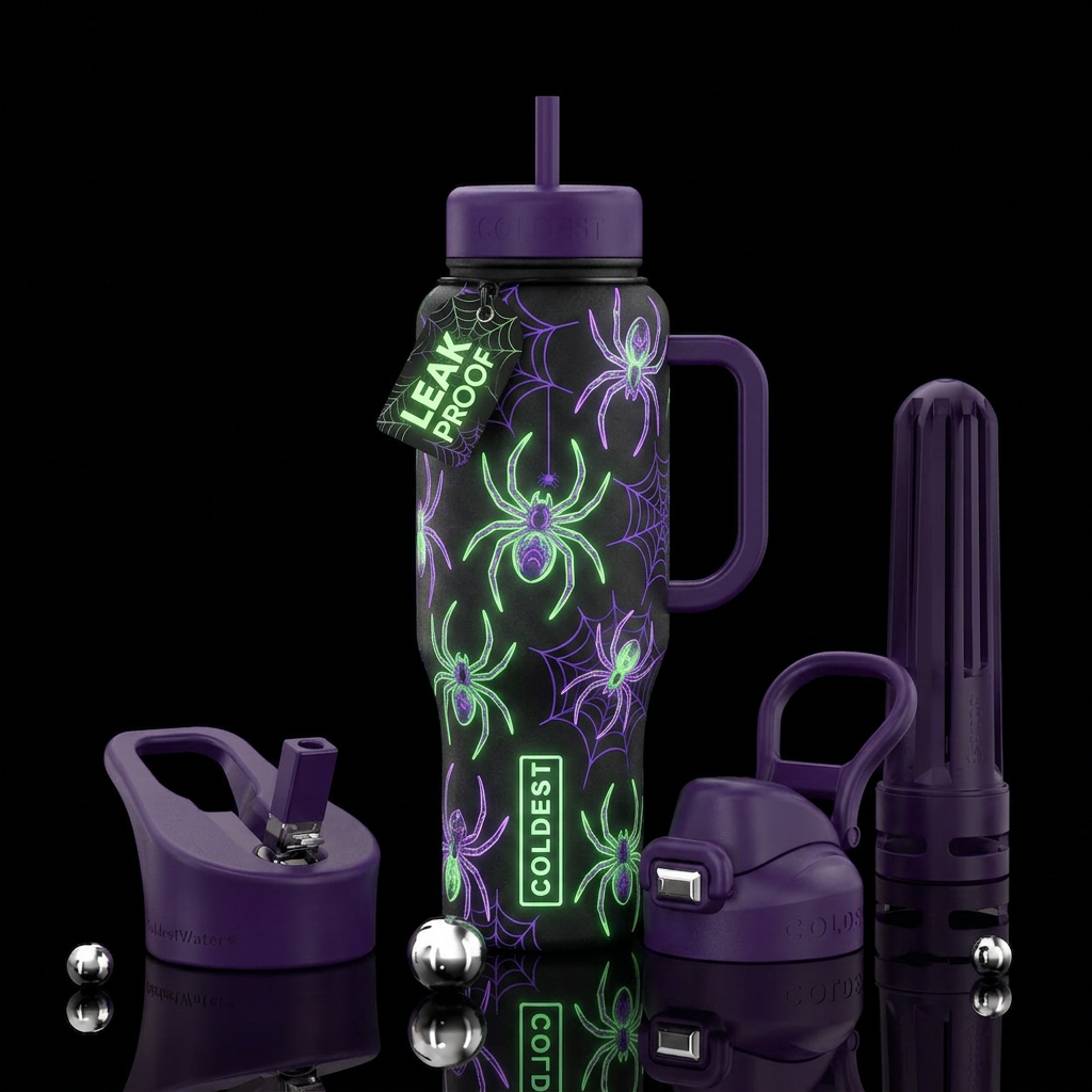 Glowy spiders water bottle design