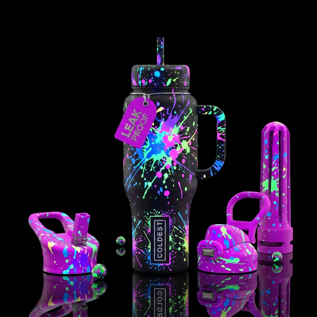 electric, explosive, glowie, neon. paint splatter water bottle design