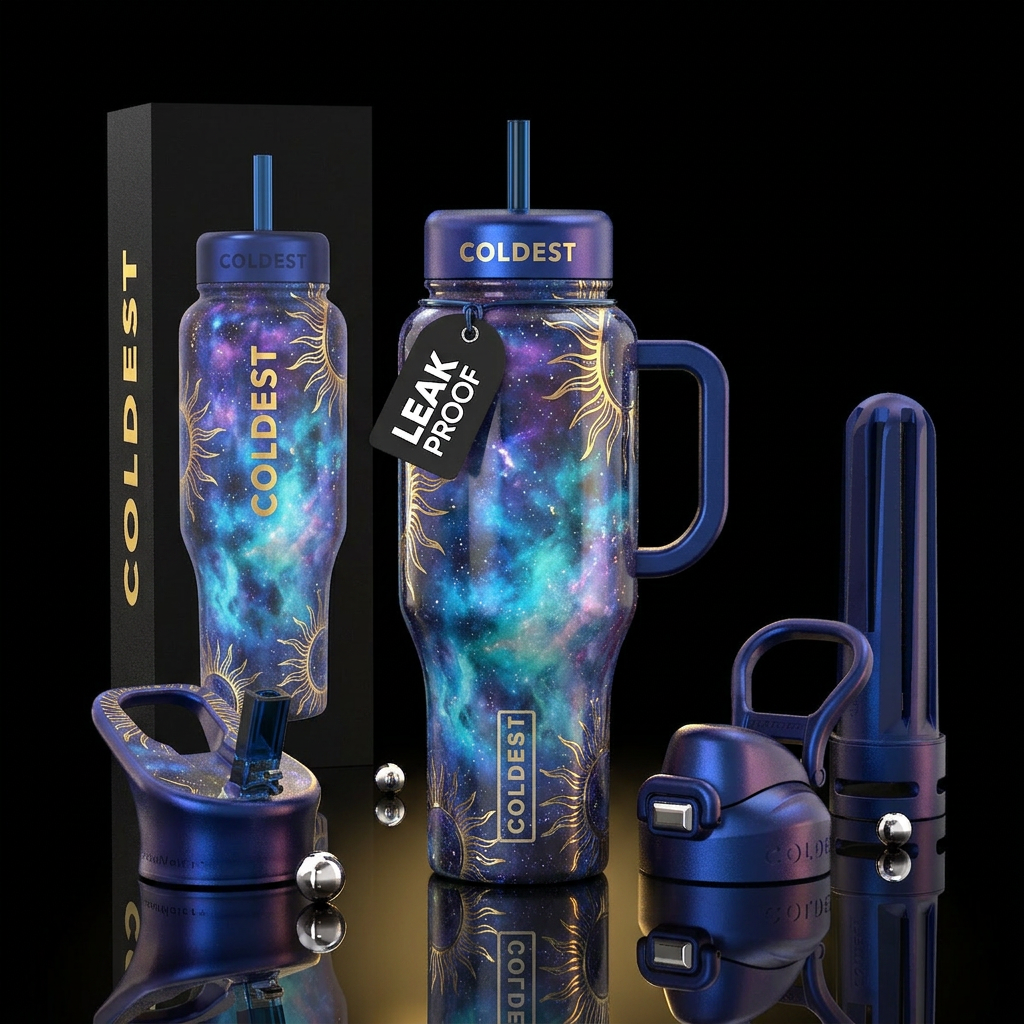 astral, polished, summer vibes water bottle design