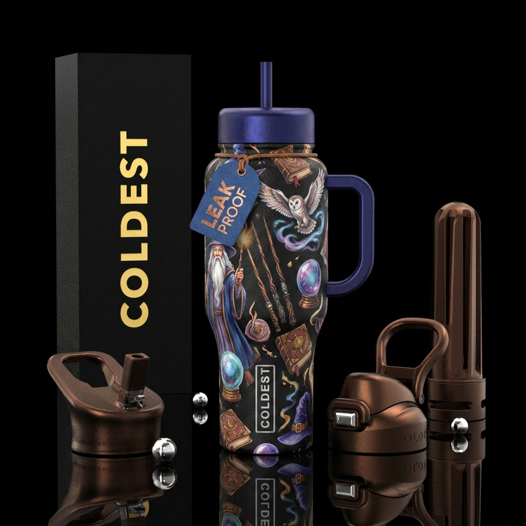 wizard, wands, magical, books. owl, wizard hat water bottle design
