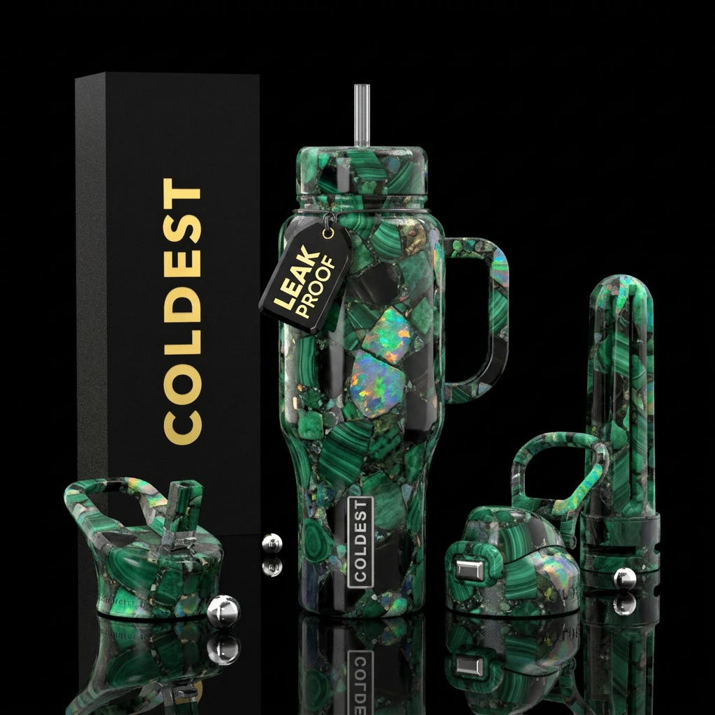 green, gemstone, black, opal water bottle design