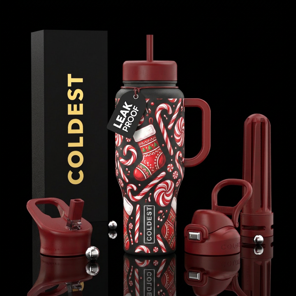 candy cane swirl, stockings, red and white water bottle design
