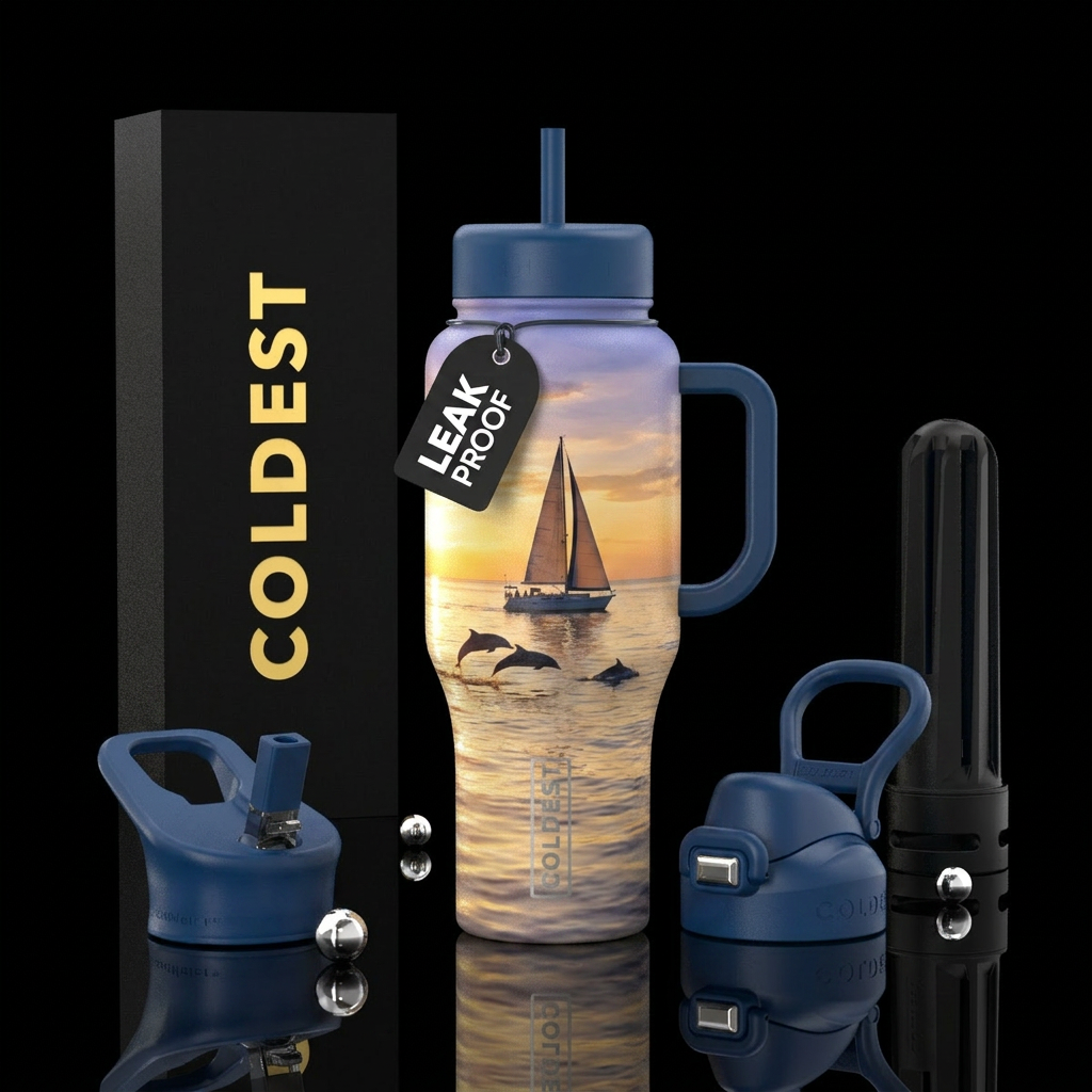 golden hour, calm waters, sailboat. dolphins water bottle design