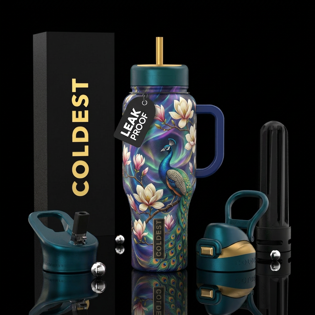 magnolia, peacock, aurora water bottle design