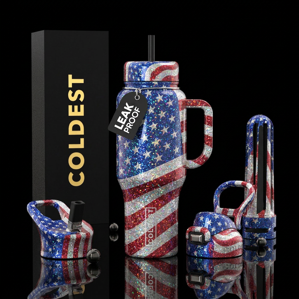 shiny, glitter, american flag water bottle design