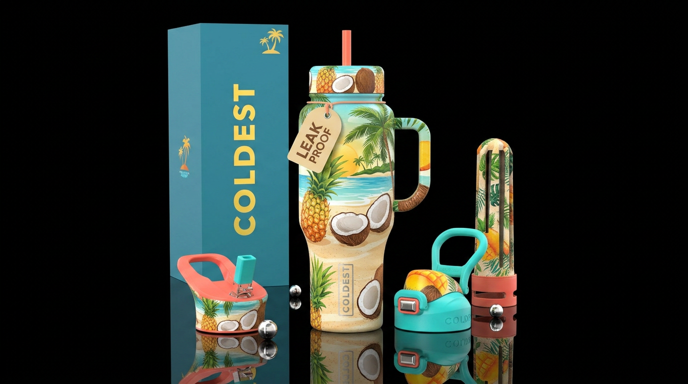 tropical fruits. pineapp;e, coconut. beacb, sand water bottle design