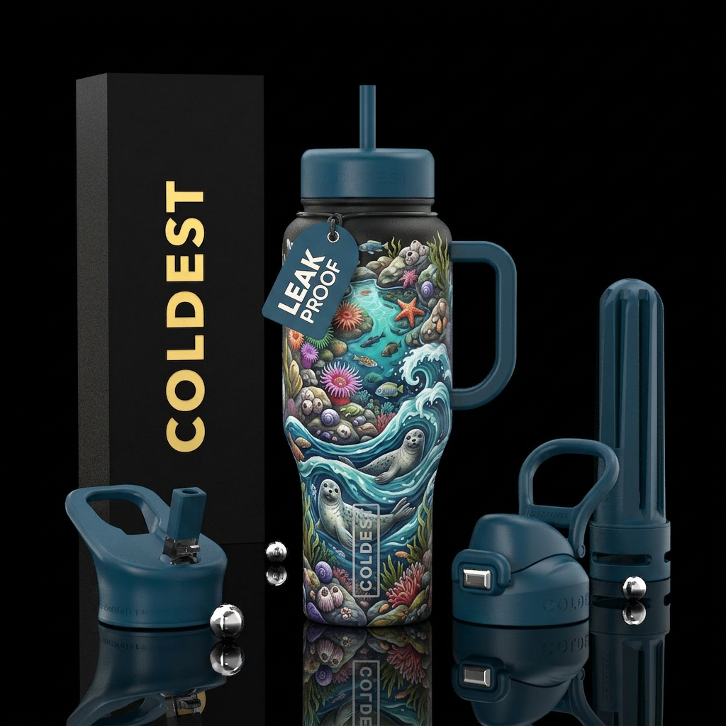 tide pools, fish, rocks. waves, seals water bottle design