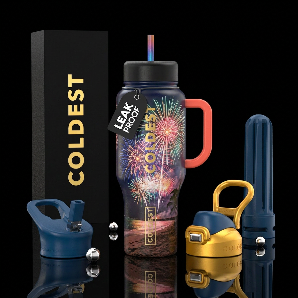 fireworks, beach, fun, colorful water bottle design