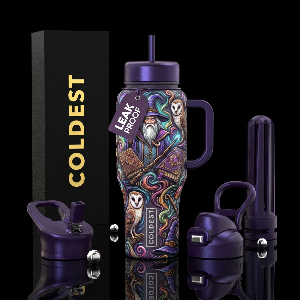 wizards, magic, books, wands. owls, wizard hats water bottle design