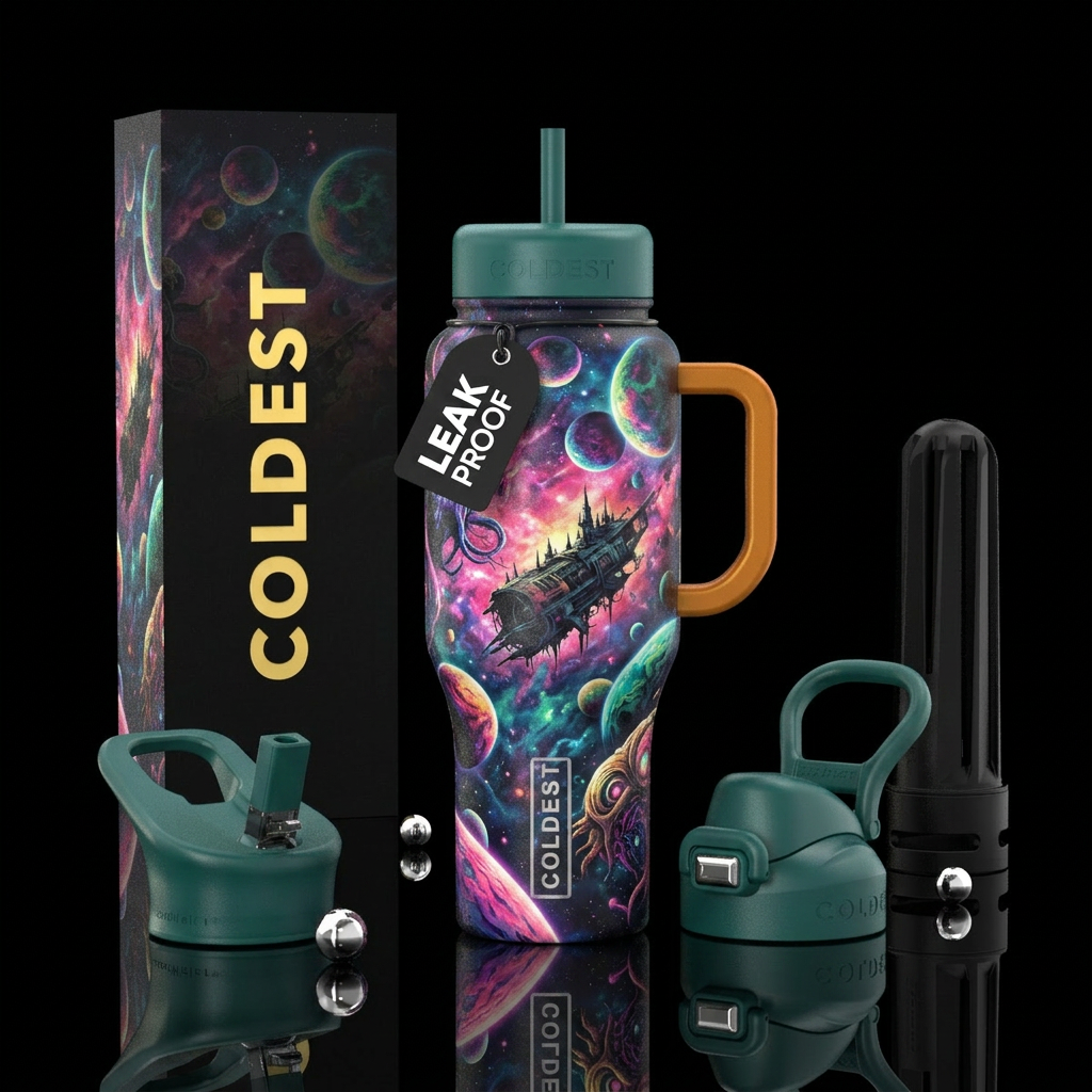 cosmic horror, space, spaceship, planets water bottle design