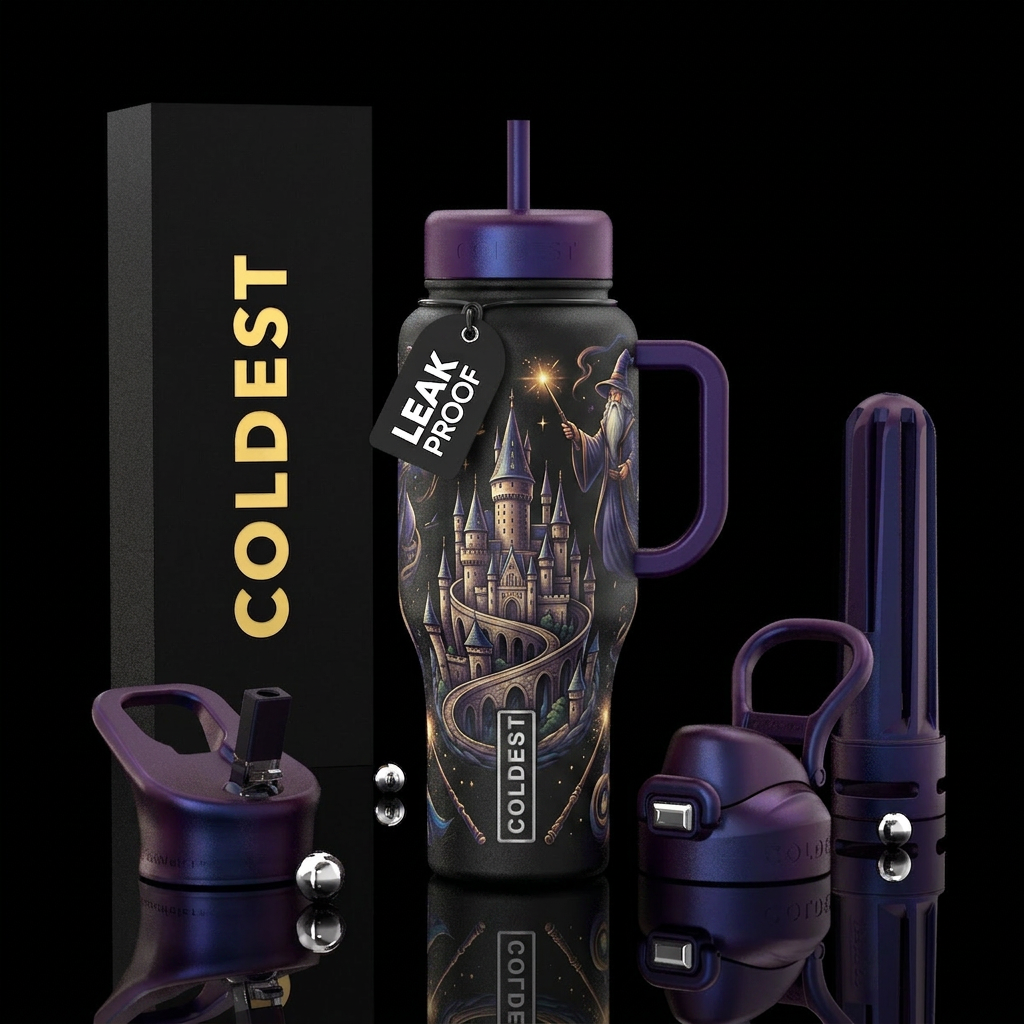 magic, wizards, wands, castle water bottle design