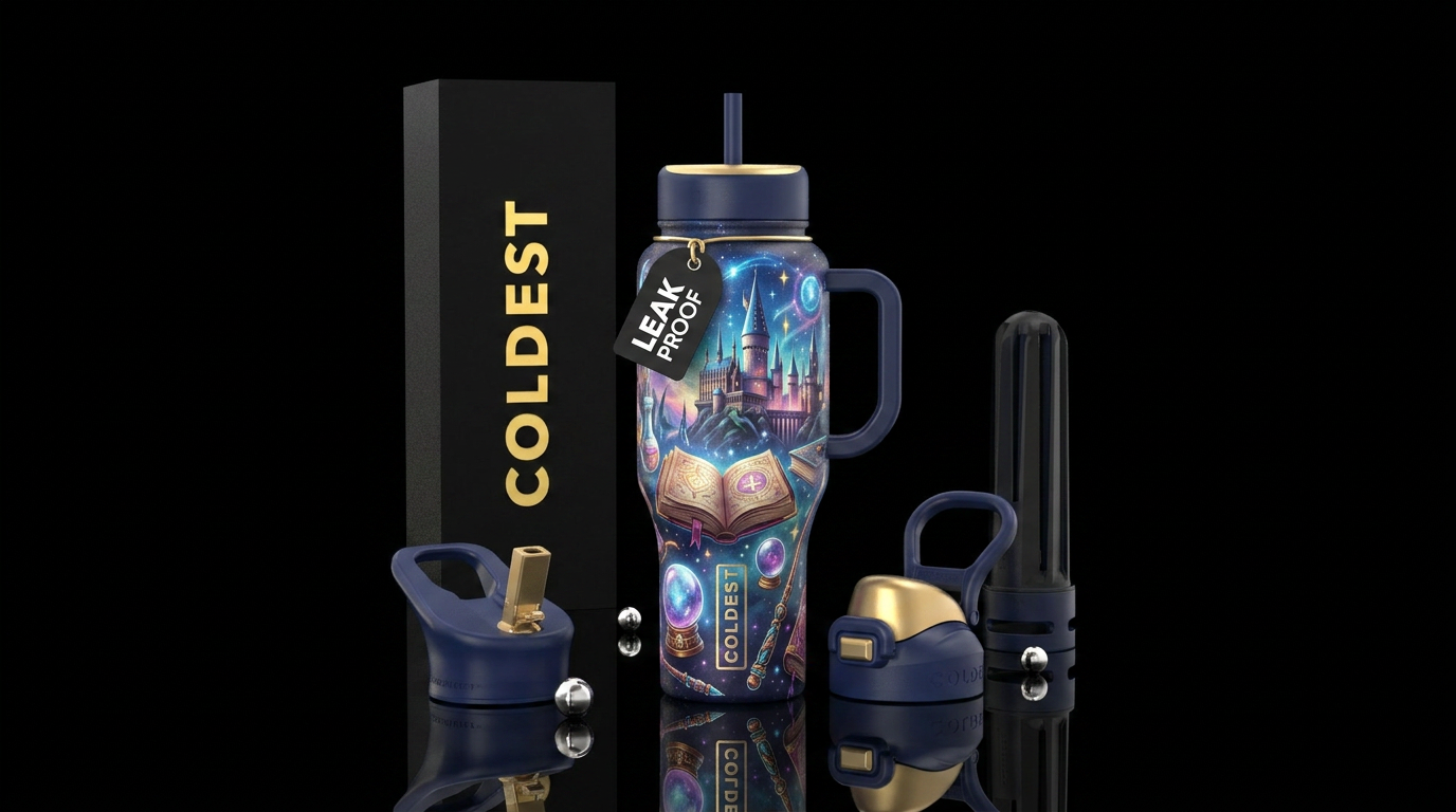 magic, wizards books , wands, castle water bottle design
