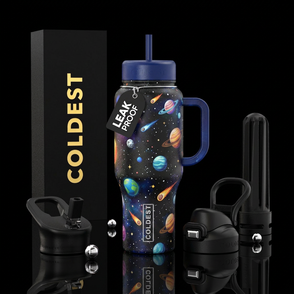 comets, stars, planets water bottle design
