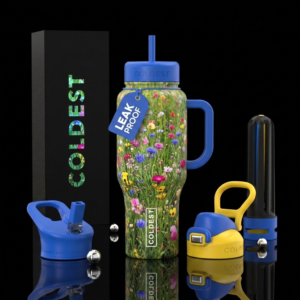 wildflowers, fields, colorful water bottle design