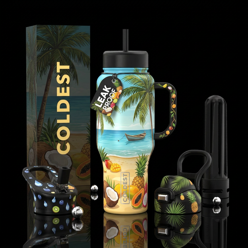 beach, fruit, boat, palm tree water bottle design