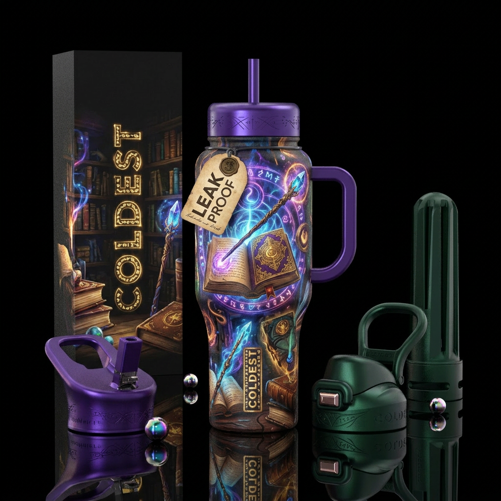 magic, wizard, wand, books, spells water bottle design
