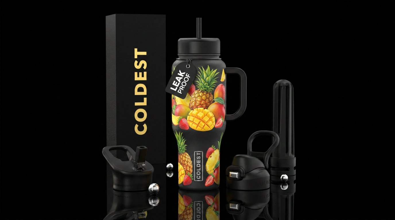 pineapple, mango, strawberry, water bottle design