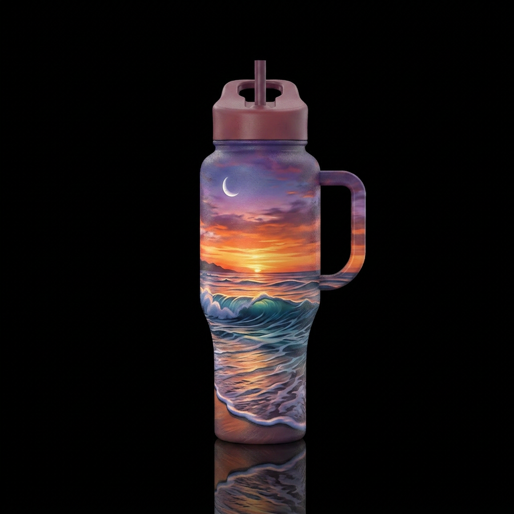 beach, sunset, moon, waves water bottle design