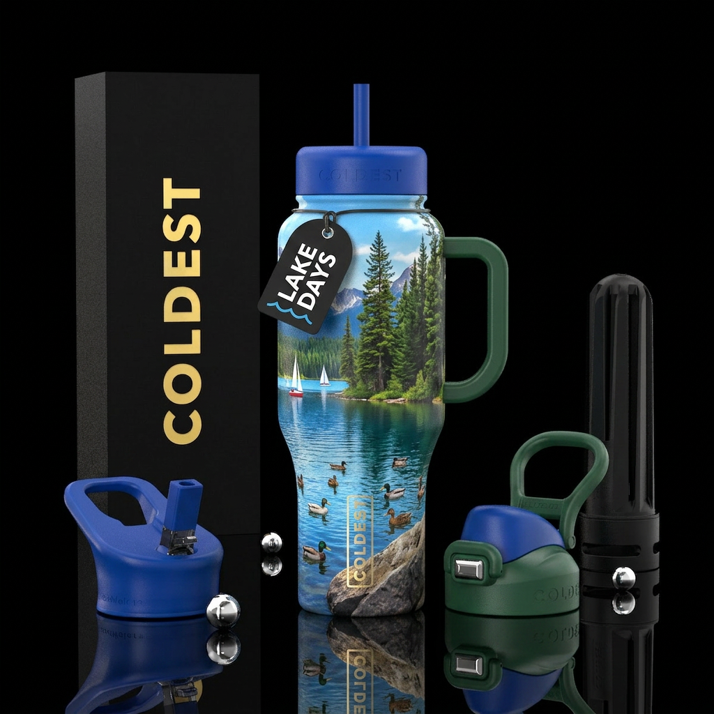 lake, trees, boats, ducks, fun water bottle design