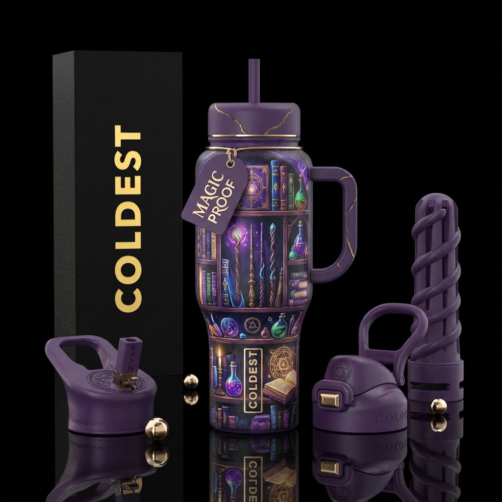 wizard, warlock, wands, books, magic water bottle design