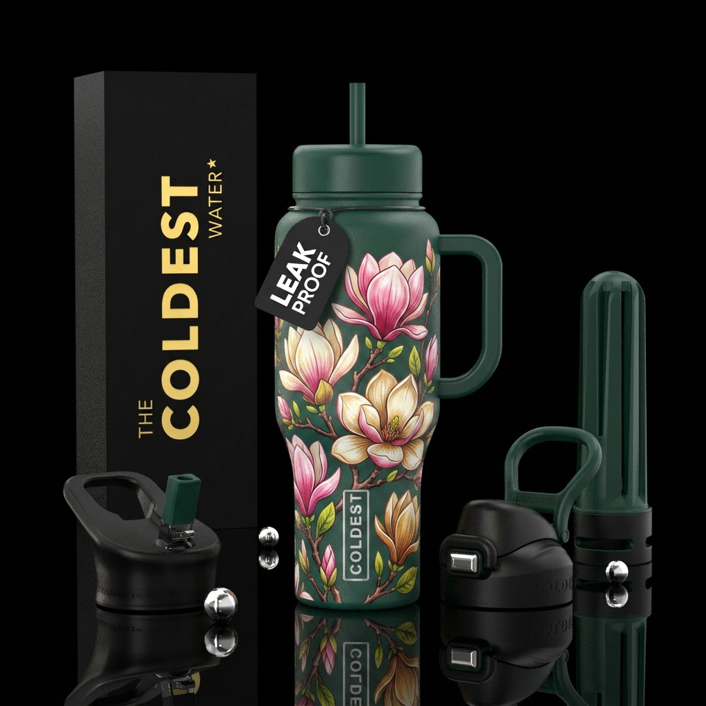 magnolia, beautiul, colorful,, whimsical water bottle design