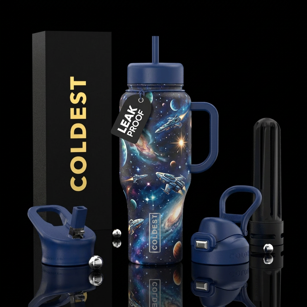 hyperspace, glowie, planets, spaceship water bottle design