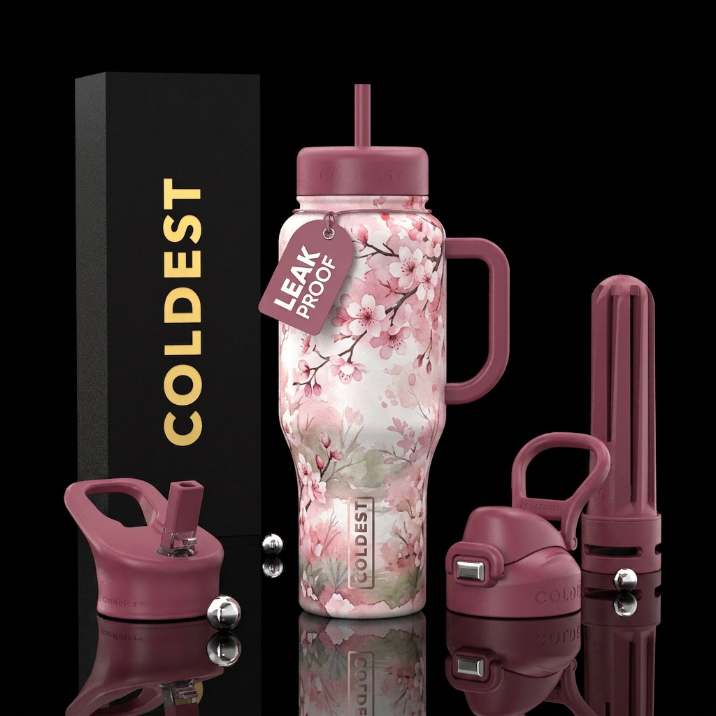 cherry blossom season, watercolor, beautiul water bottle design