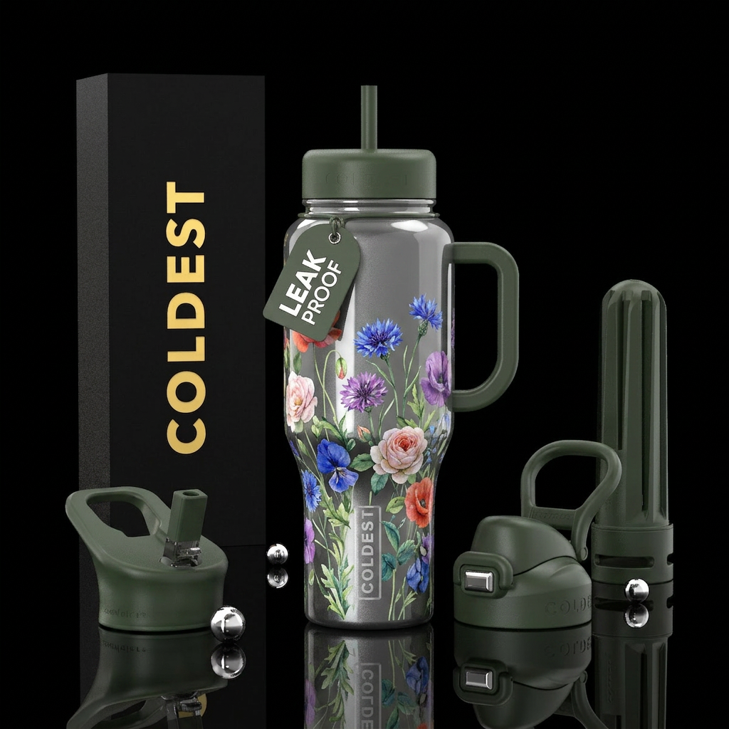 ssecret garden, floral, wild flowers, colorful water bottle design
