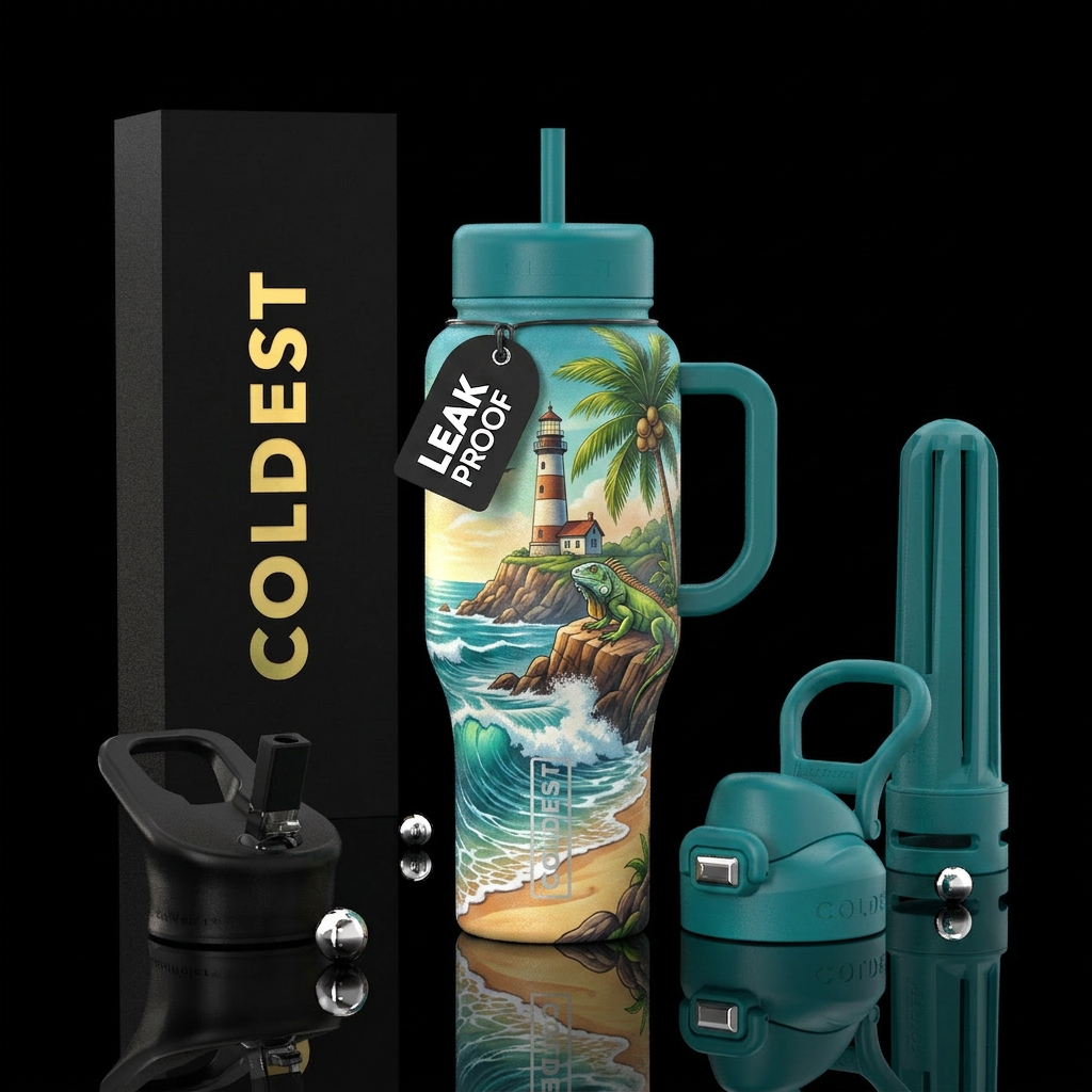 lighthouse, cliff, iguana, beach, waves. palm tree water bottle design