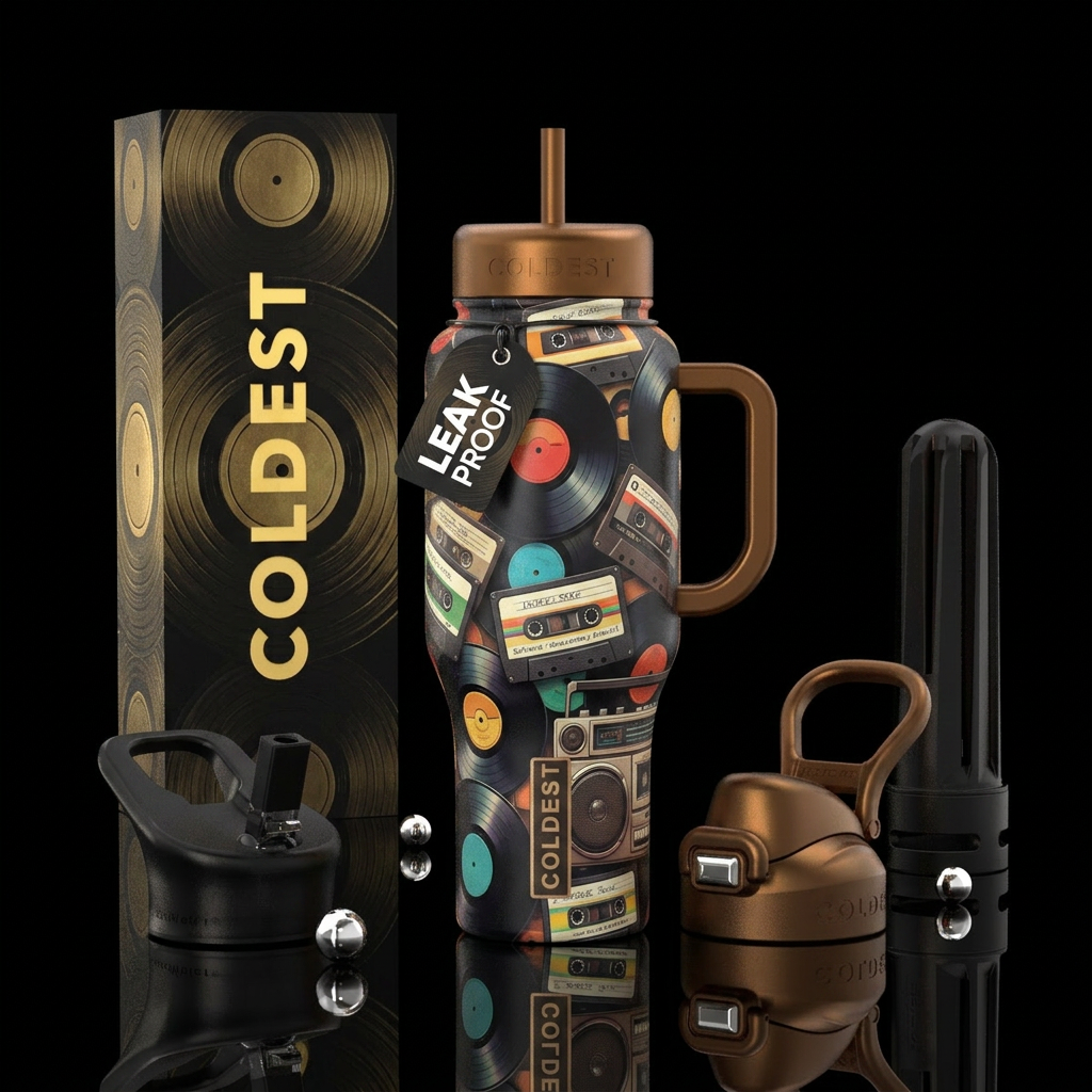 vintage, records, cassette tapes, boom box water bottle design