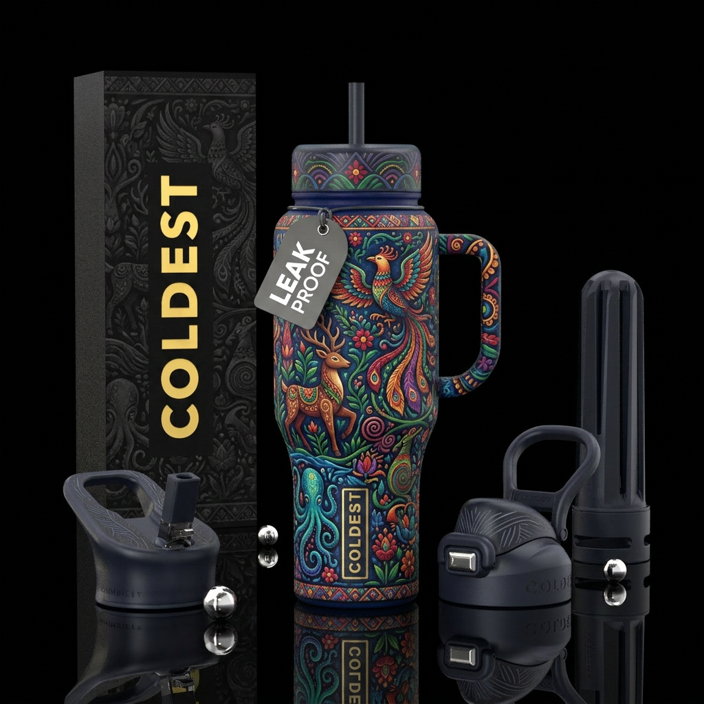 folk art, mythical, beautiul water bottle design