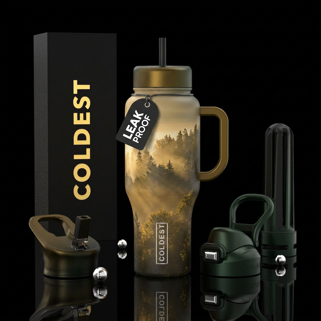 peaceful, golden hour, misty forest water bottle design