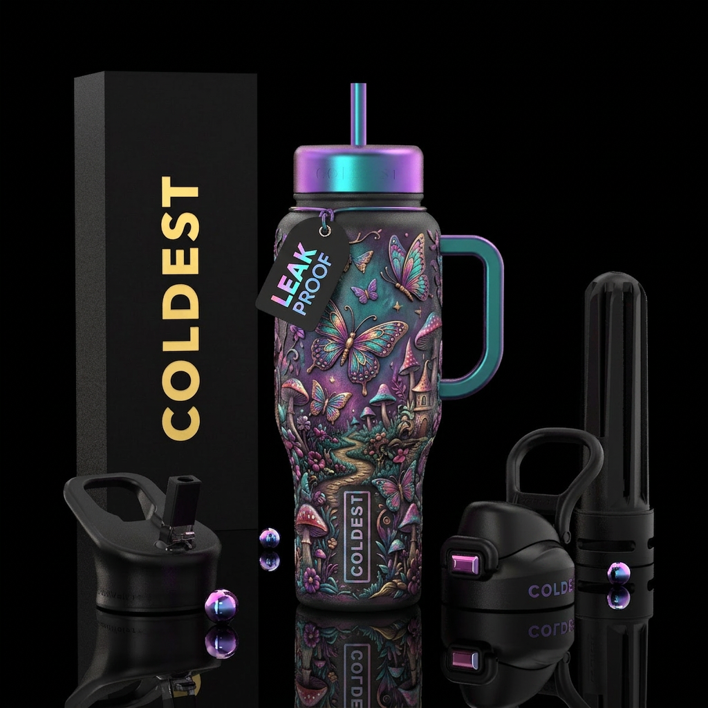 happy mood, whimsical, wonderland, butterfly water bottle design