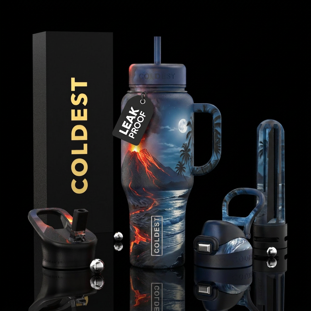volcano, Lava, beach, palm trees water bottle design