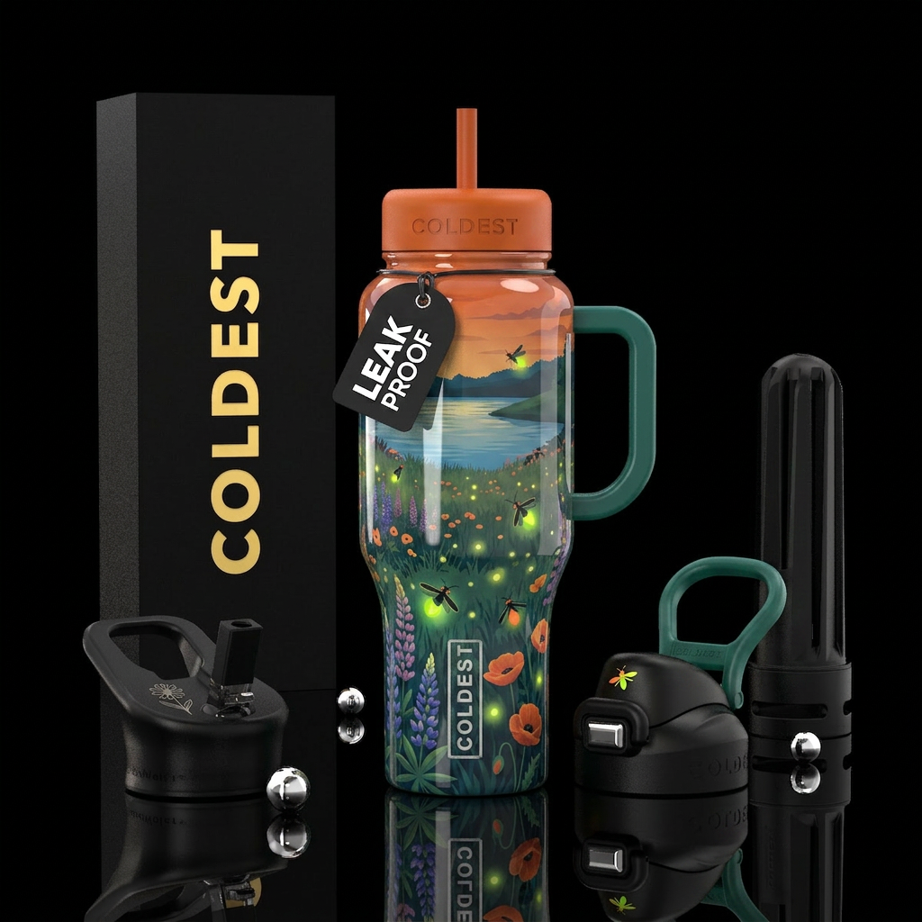 firefly. wild flowers, fields, lake water bottle design