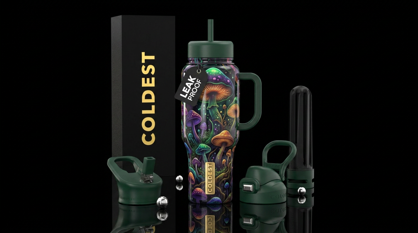 mesmerizing, harmonious, dreamy, mushroom forest water bottle design