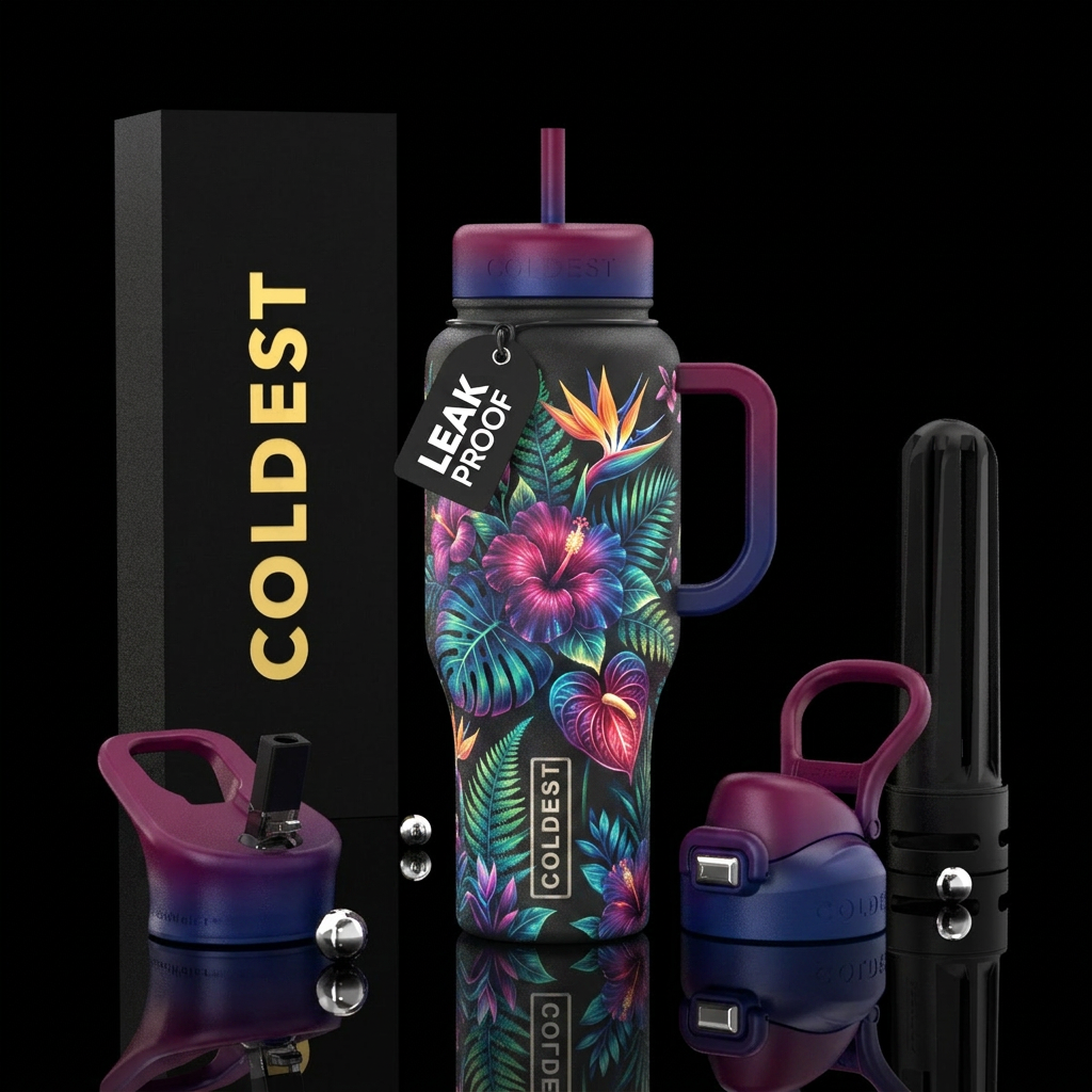 tropical flowers, glowie, magical, luxurious water bottle design