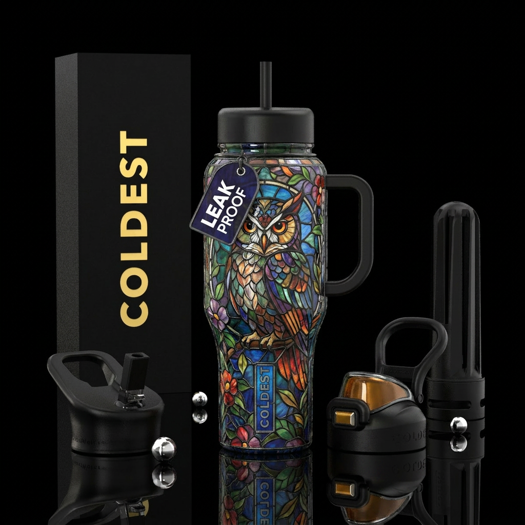 stained glass, owl, colorful water bottle design