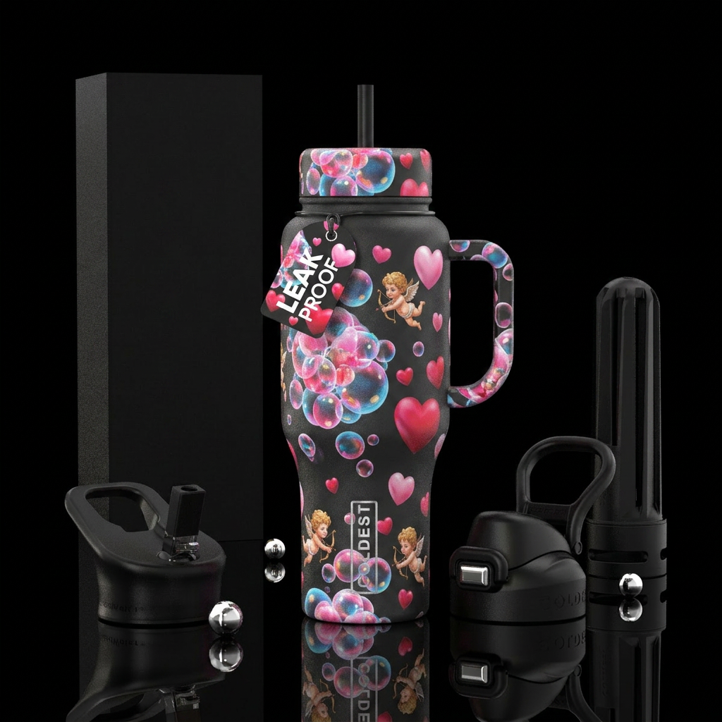 bubbles, hearts, cupid water bottle design
