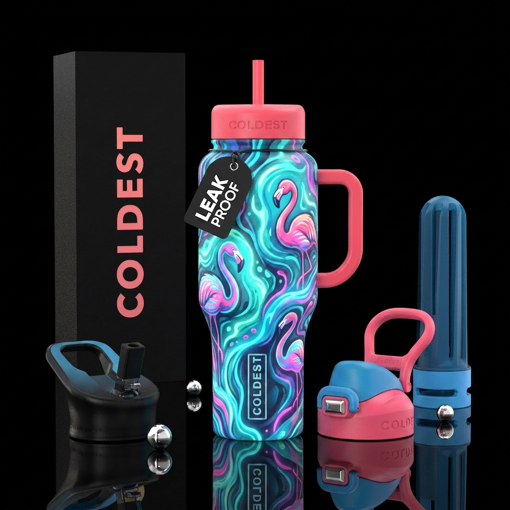 flamingo, tide pools. colorful. glowie water bottle design