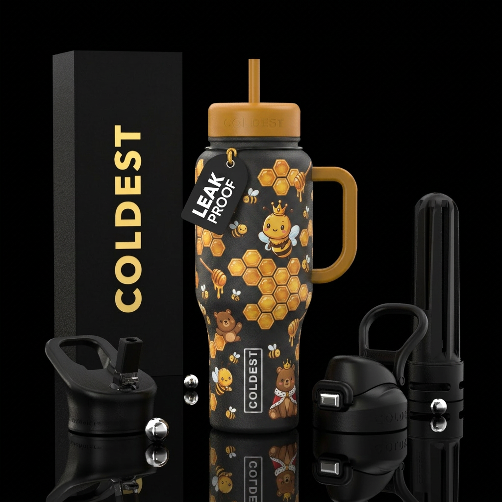 honeycomb. bees, queen bee, honey, cute bears water bottle design