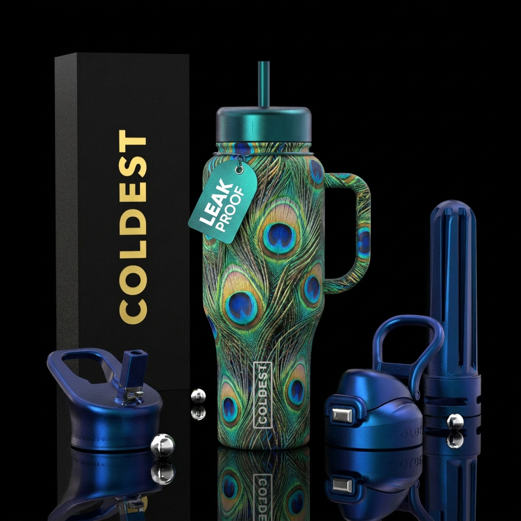 feathers, peacock. colorful. beautiful water bottle design