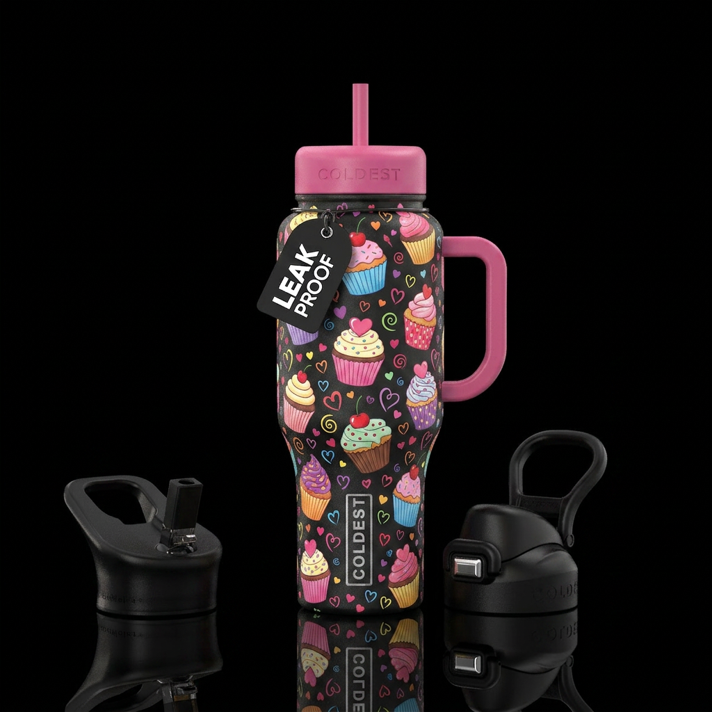 cupcake, fun, colorful. hearts water bottle design