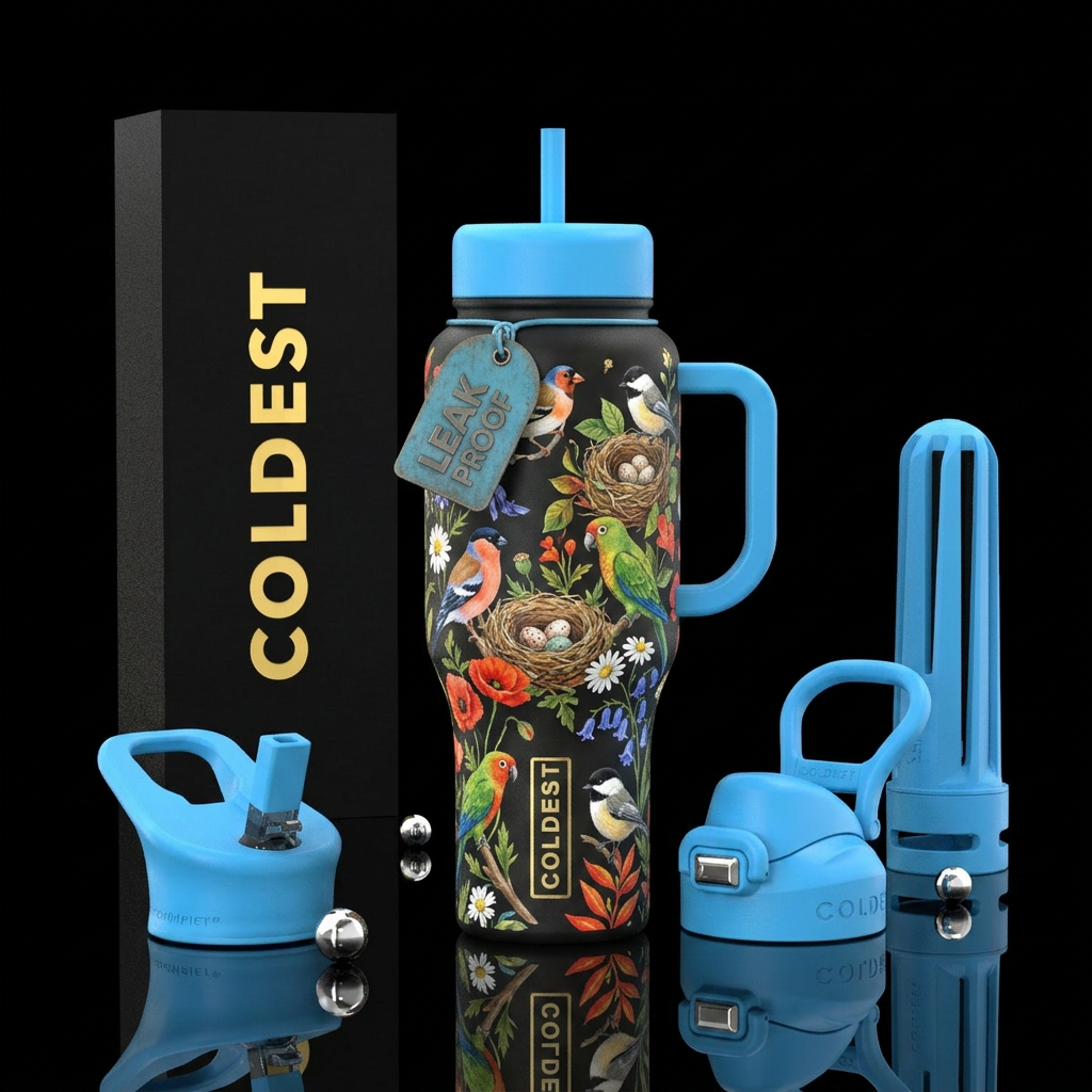 birds, nests, flowers, colorful water bottle design